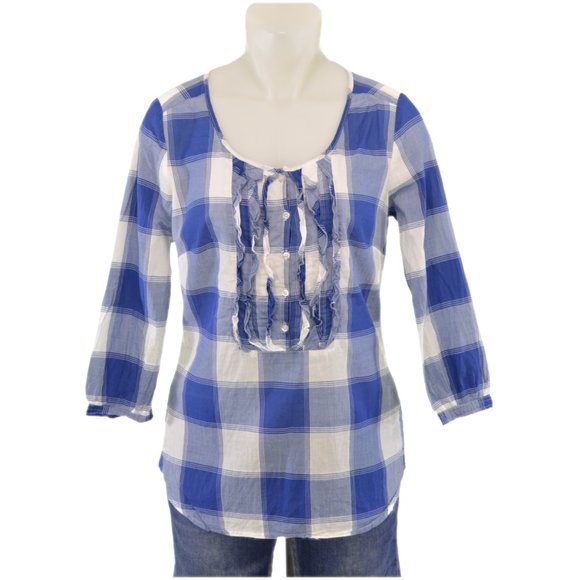American Eagle Blue Plaid Ruffle Blouse (S) - Picture 1 of 3